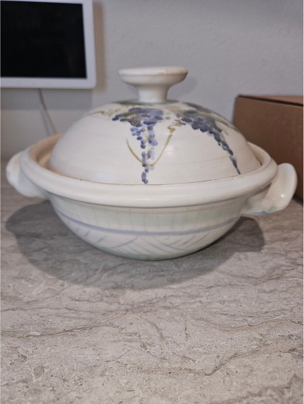Vintage Hand-Painted Ceramic Covered Casserole Dish with Grape Design